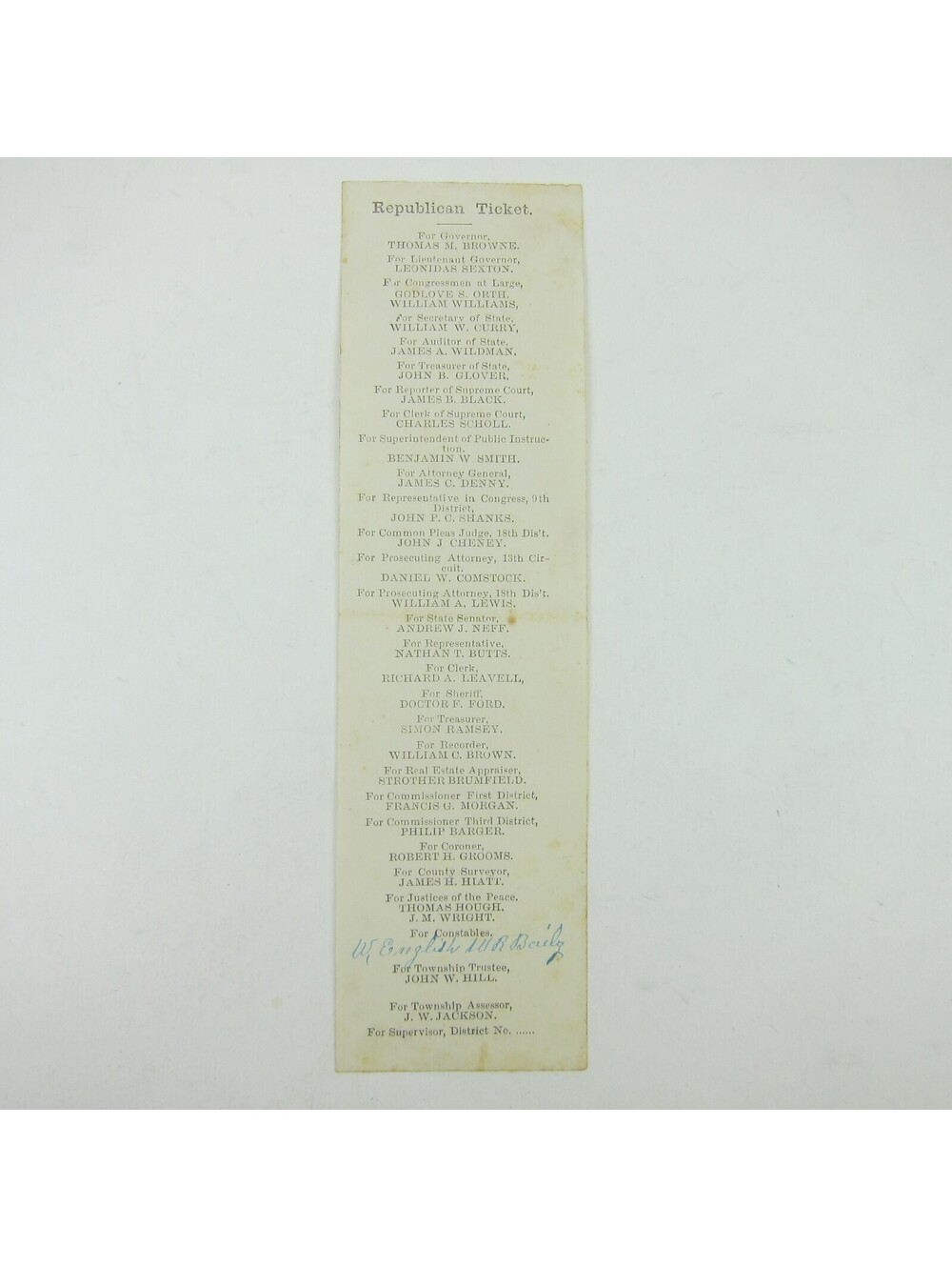 1873 Republican Ticket Indiana Gubernatorial Election Randolph County T. Browne